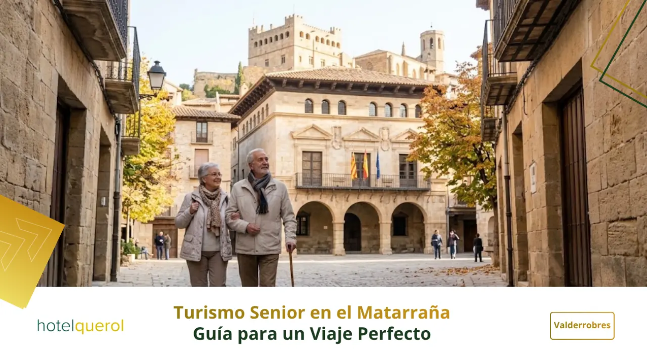 Pareja de jubilados disfrutando de un paseo cultural por Valderrobres durante su viaje al Matarraña.