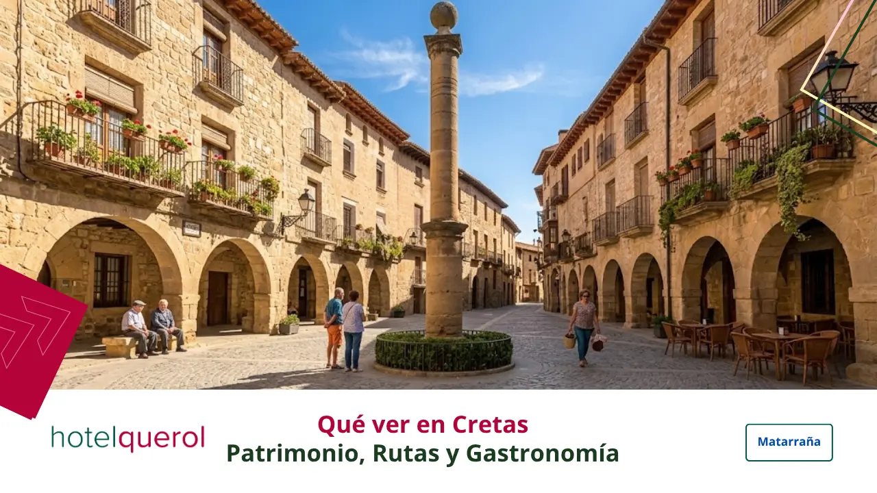 Vista de la Plaza Mayor y la arquitectura tradicional de piedra de la villa de Cretas en el Matarraña.