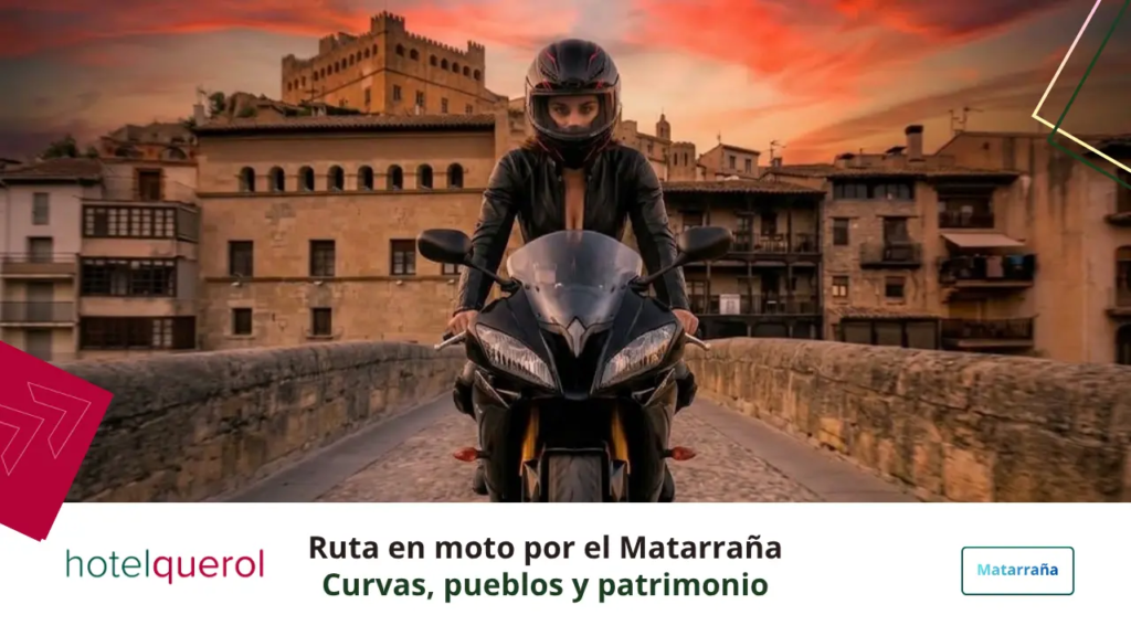 Motocicleta atravesando puente del casco histórico de Valderrobres durante una ruta motera.